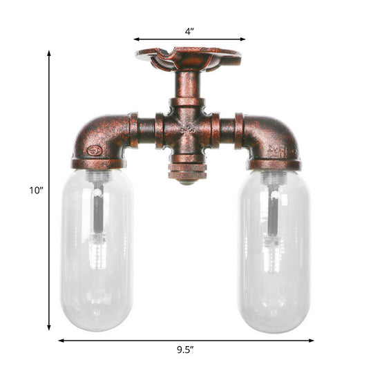 Clear Glass Weathered Copper Ceiling Lighting - Industrial Semi Flush with Pipe Design - 2 Lights