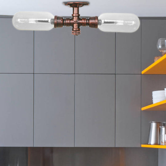 Clear Glass Weathered Copper Ceiling Lighting - Industrial Semi Flush with Pipe Design - 2 Lights