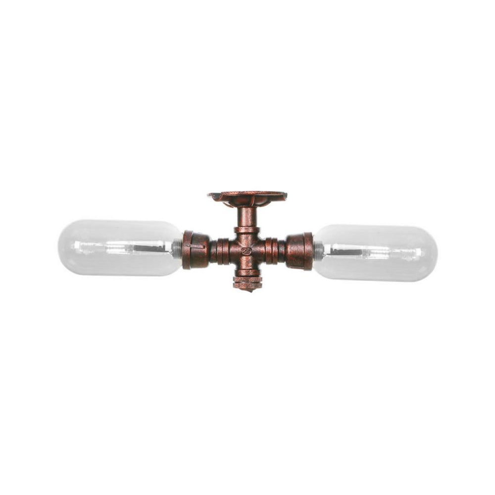 Clear Glass Weathered Copper Ceiling Lighting - Industrial Semi Flush with Pipe Design - 2 Lights