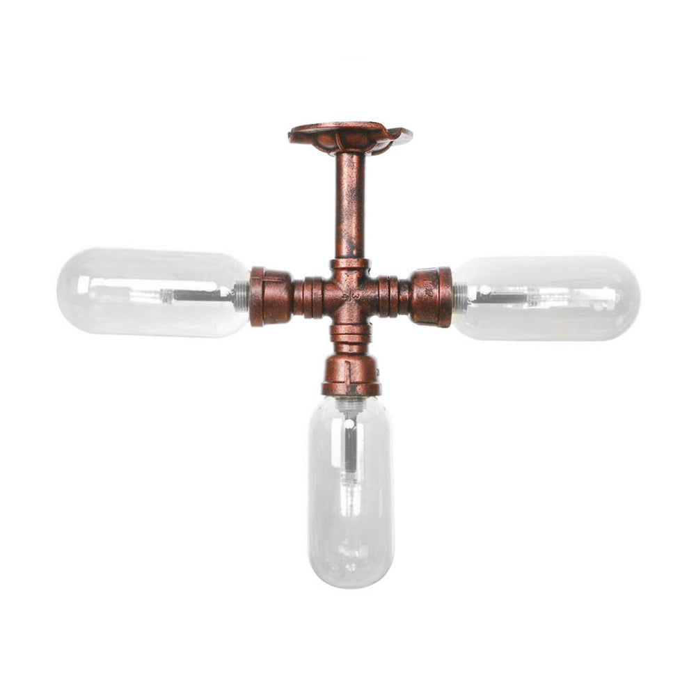 Industrial Weathered Copper Semi Mount Indoor Ceiling Light with Clear Glass and Pipe Design - 3/4/5 Light Oval Shade