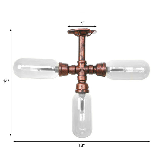 Industrial Weathered Copper Semi Mount Indoor Ceiling Light with Clear Glass and Pipe Design - 3/4/5 Light Oval Shade