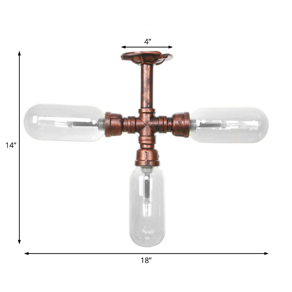 Industrial Weathered Copper Semi Mount Indoor Ceiling Light With Clear Glass And Pipe Design - 3/4/5