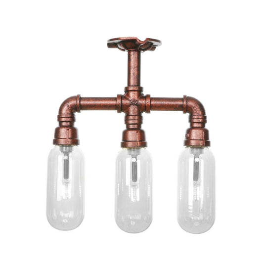 Industrial Weathered Copper Semi Mount Indoor Ceiling Light with Clear Glass and Pipe Design - 3/4/5 Light Oval Shade