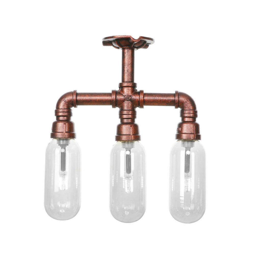 Industrial Weathered Copper Semi Mount Indoor Ceiling Light With Clear Glass And Pipe Design - 3/4/5