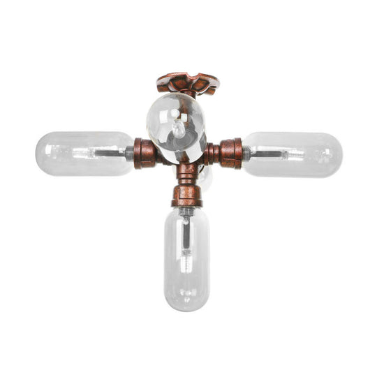 Industrial Weathered Copper Semi Mount Indoor Ceiling Light with Clear Glass and Pipe Design - 3/4/5 Light Oval Shade