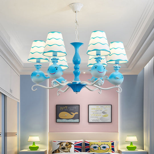 Animal Fabric Hanging Chandelier: Designer Tapered Shade Ceiling Lamp With 6 Lights For Bedroom