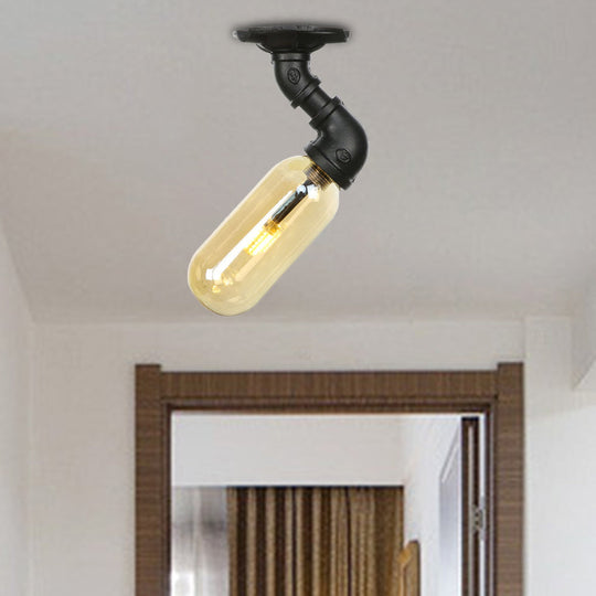 Industrial Amber Glass Semi Flush Mount Light With Pipe Design - Black Capsule Shade Indoor Ceiling