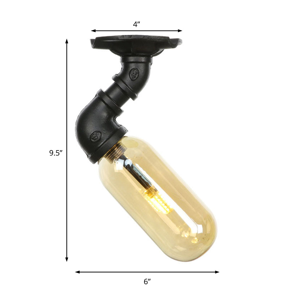 Industrial Amber Glass Semi Flush Mount Light With Pipe Design - Black Capsule Shade Indoor Ceiling