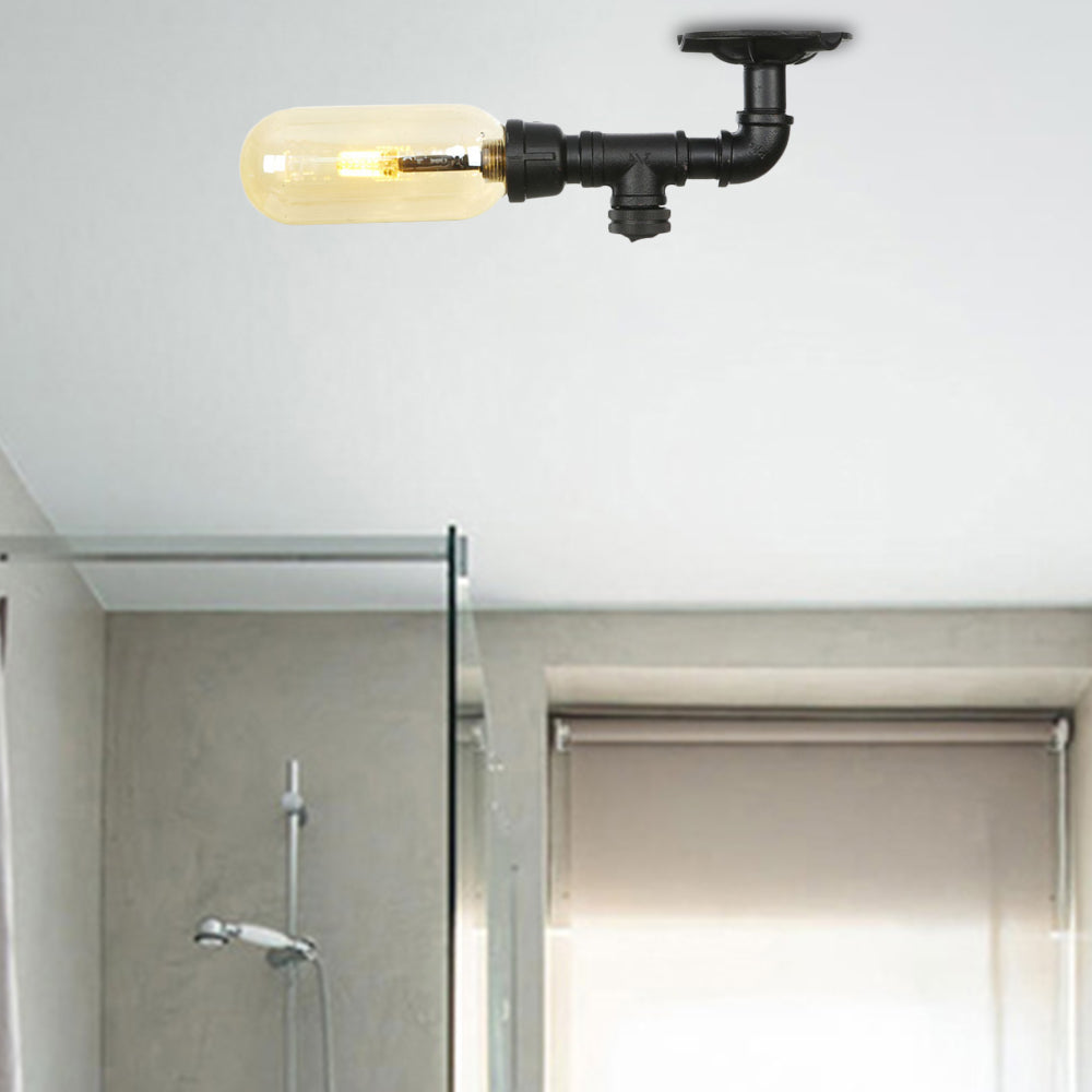 Industrial Amber Glass Semi Flush Mount Light with Pipe Design - Black Capsule Shade, Indoor Ceiling Fixture