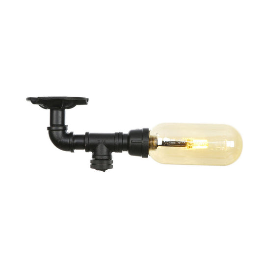 Industrial Amber Glass Semi Flush Mount Light with Pipe Design - Black Capsule Shade, Indoor Ceiling Fixture