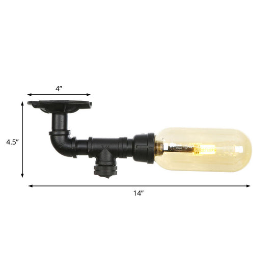 Industrial Amber Glass Semi Flush Mount Light with Pipe Design - Black Capsule Shade, Indoor Ceiling Fixture