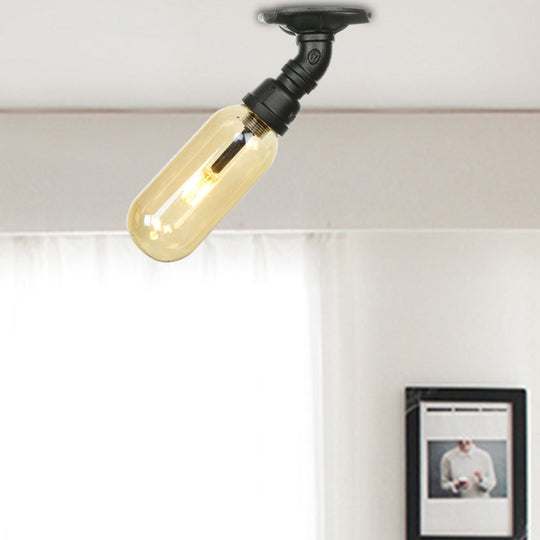 Industrial Amber Glass Semi Flush Mount Light with Pipe Design - Black Capsule Shade, Indoor Ceiling Fixture