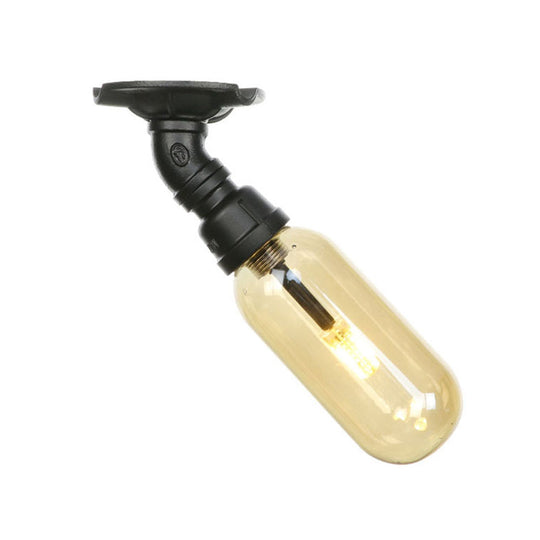 Industrial Amber Glass Semi Flush Mount Light With Pipe Design - Black Capsule Shade Indoor Ceiling