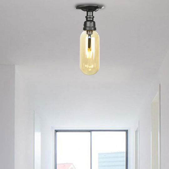 Industrial Black Amber Glass Semi Flush Light with Capsuled Shade & Pipe Design - Ceiling Mount