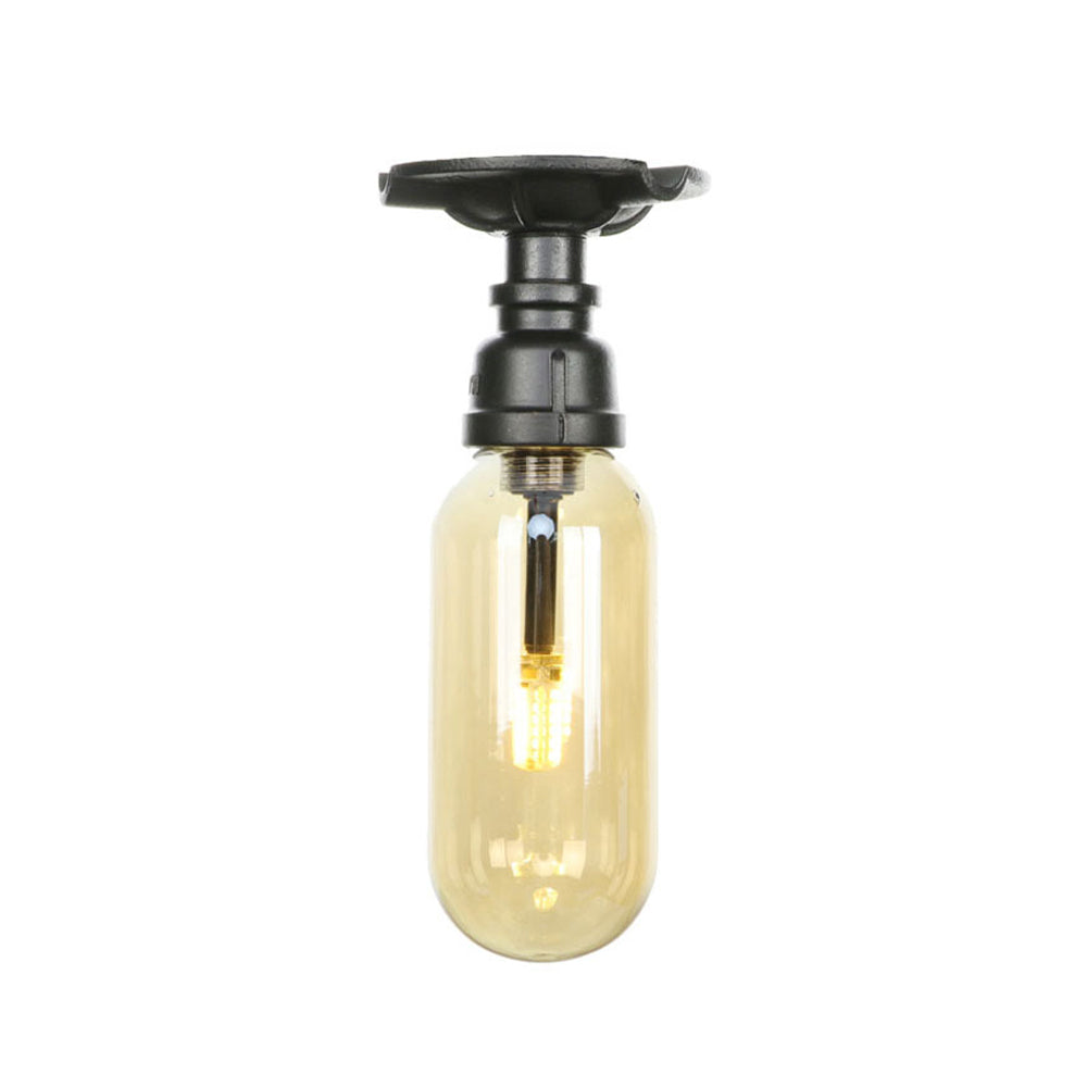 Industrial Black Amber Glass Semi Flush Light with Capsuled Shade & Pipe Design - Ceiling Mount