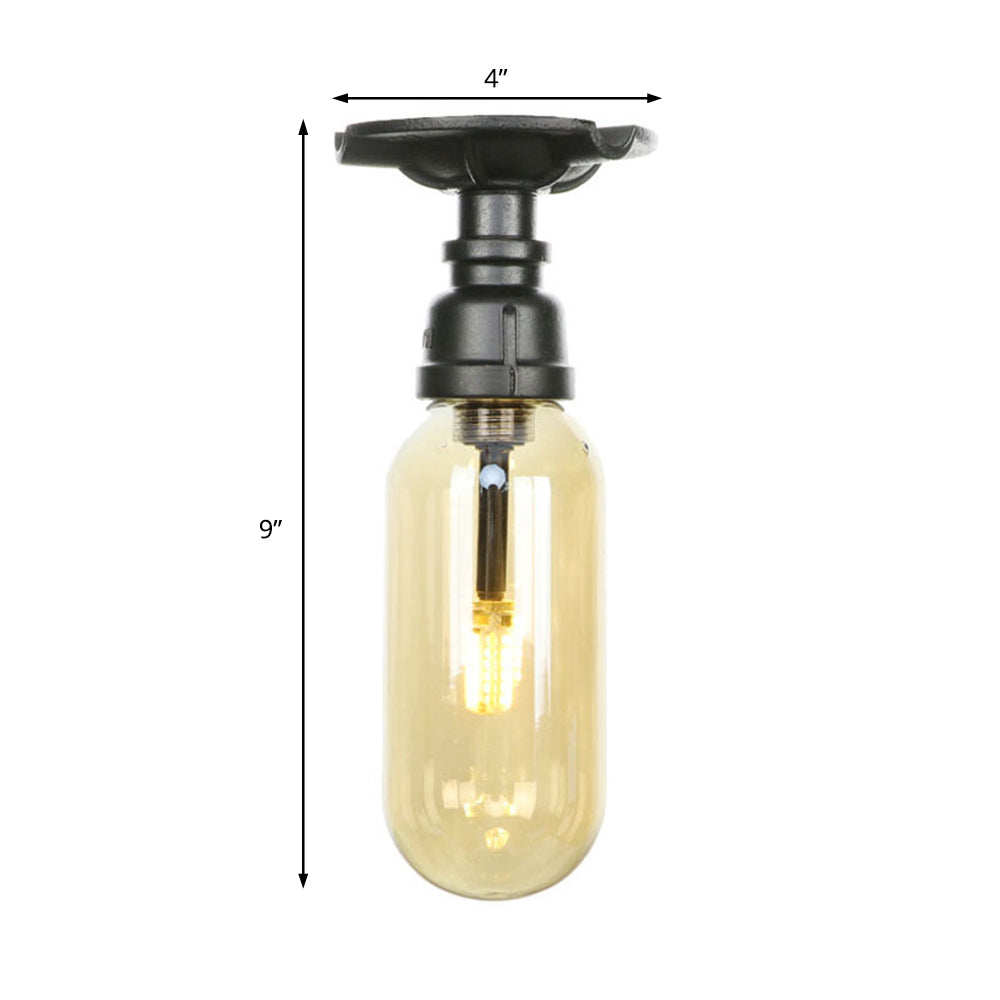 Industrial Black Amber Glass Semi Flush Light with Capsuled Shade & Pipe Design - Ceiling Mount