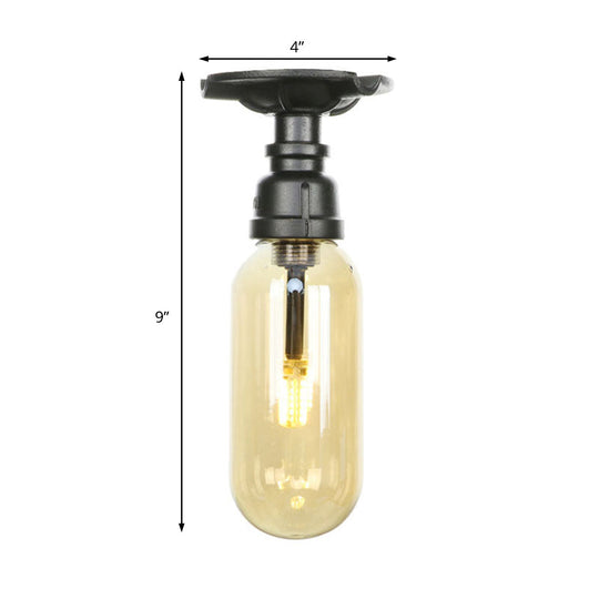 Industrial Black Amber Glass Semi Flush Light with Capsuled Shade & Pipe Design - Ceiling Mount