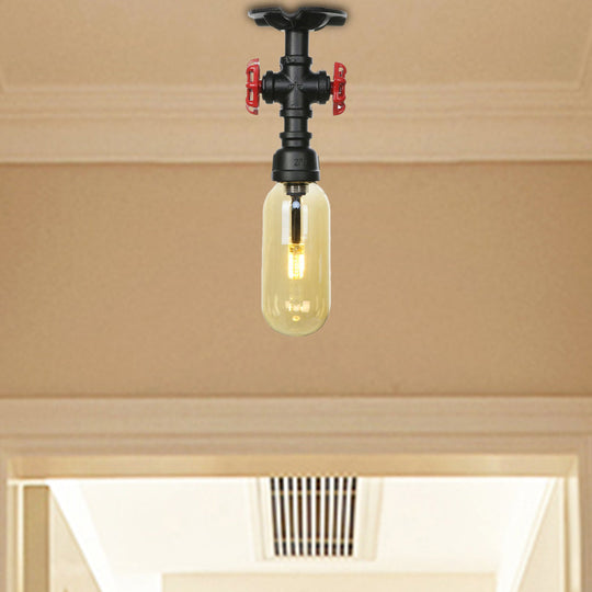 Industrial Black Amber Glass Semi Flush Light with Capsuled Shade & Pipe Design - Ceiling Mount