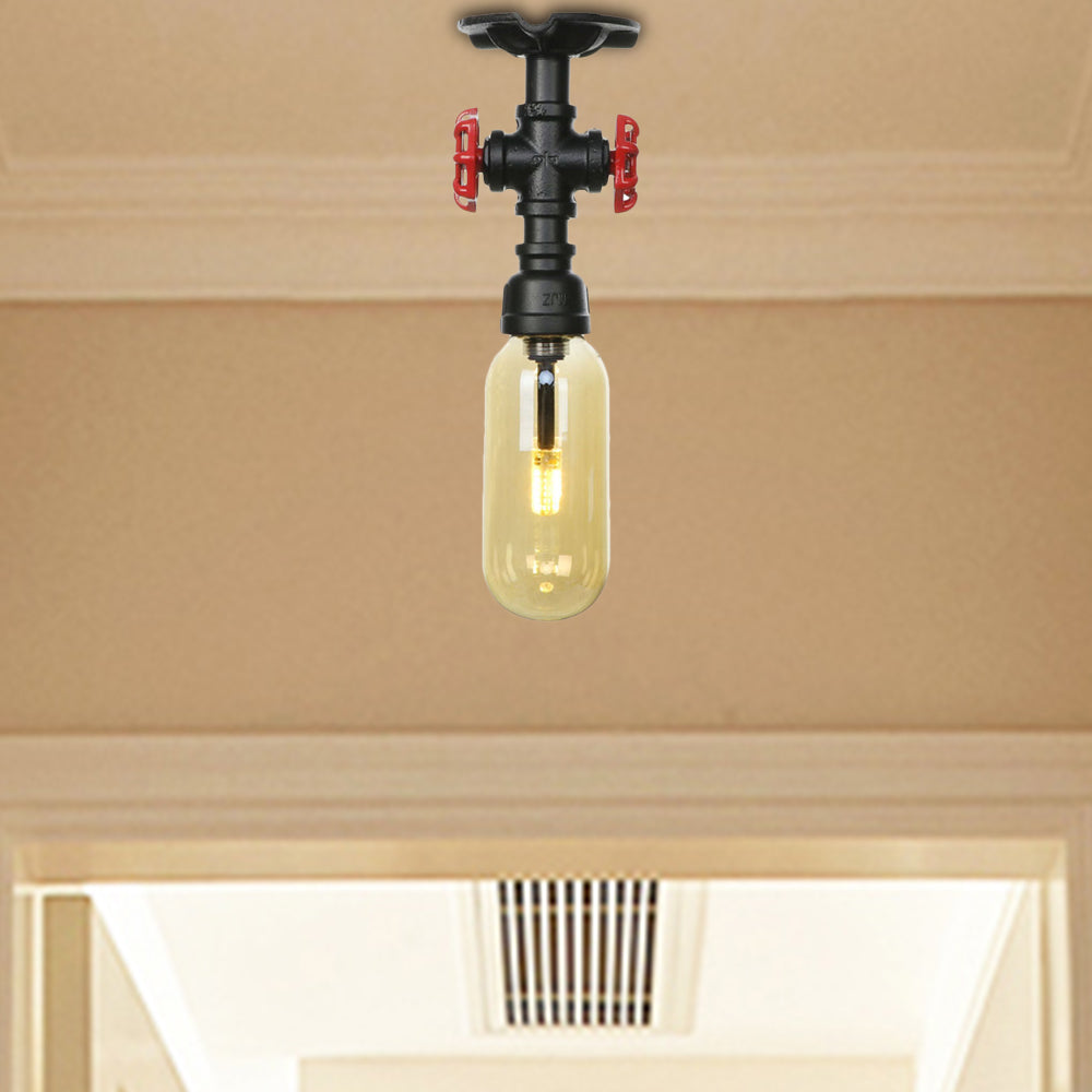 Industrial Black Amber Glass Semi Flush Light With Capsuled Shade & Pipe Design - Ceiling Mount / B