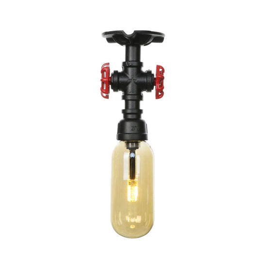 Industrial Black Amber Glass Semi Flush Light with Capsuled Shade & Pipe Design - Ceiling Mount