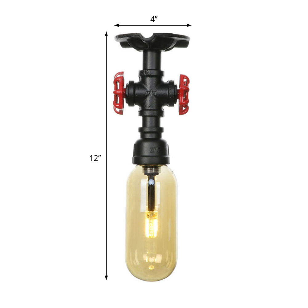 Industrial Black Amber Glass Semi Flush Light with Capsuled Shade & Pipe Design - Ceiling Mount