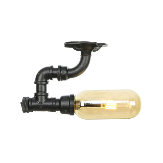 Industrial Black Amber Glass Semi Flush Light with Capsuled Shade & Pipe Design - Ceiling Mount