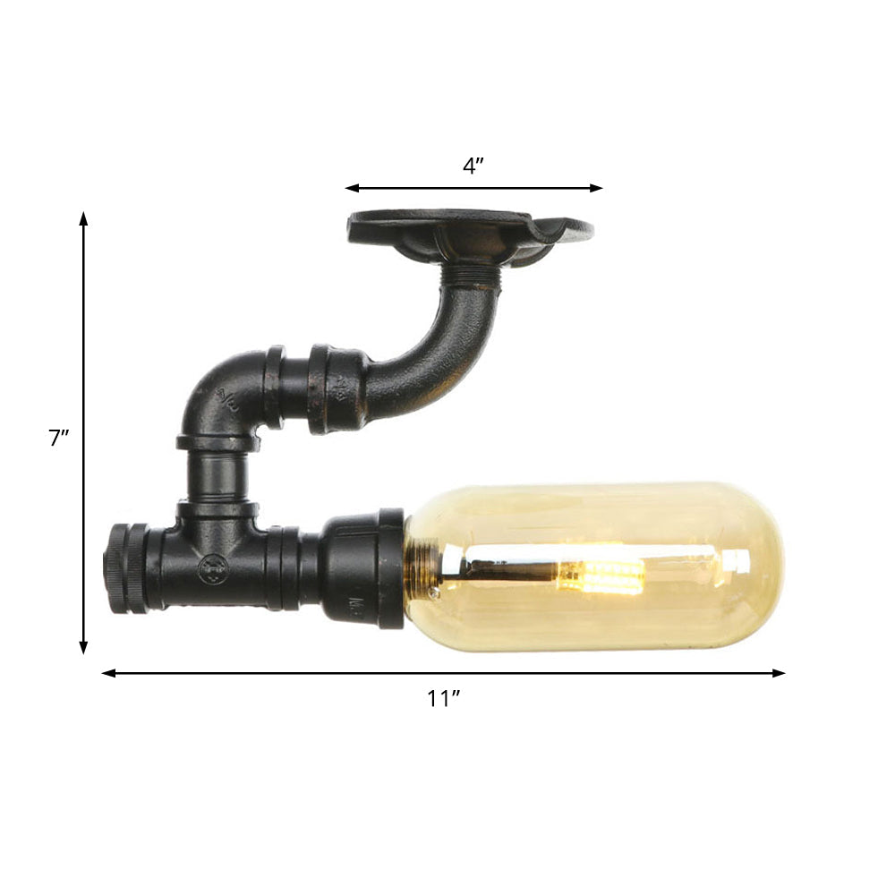 Industrial Black Amber Glass Semi Flush Light with Capsuled Shade & Pipe Design - Ceiling Mount