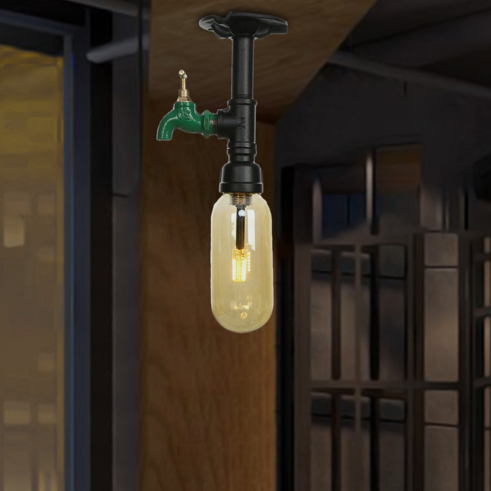 Industrial Black Amber Glass Semi Flush Light with Capsuled Shade & Pipe Design - Ceiling Mount