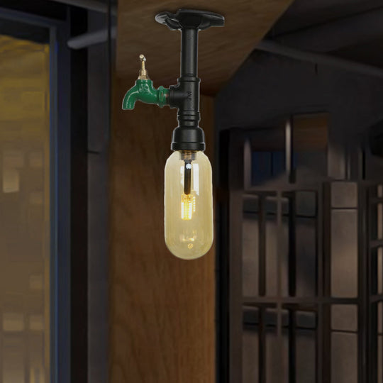 Industrial Black Amber Glass Semi Flush Light With Capsuled Shade & Pipe Design - Ceiling Mount / D