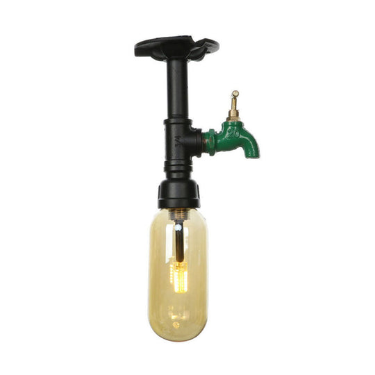 Industrial Black Amber Glass Semi Flush Light with Capsuled Shade & Pipe Design - Ceiling Mount