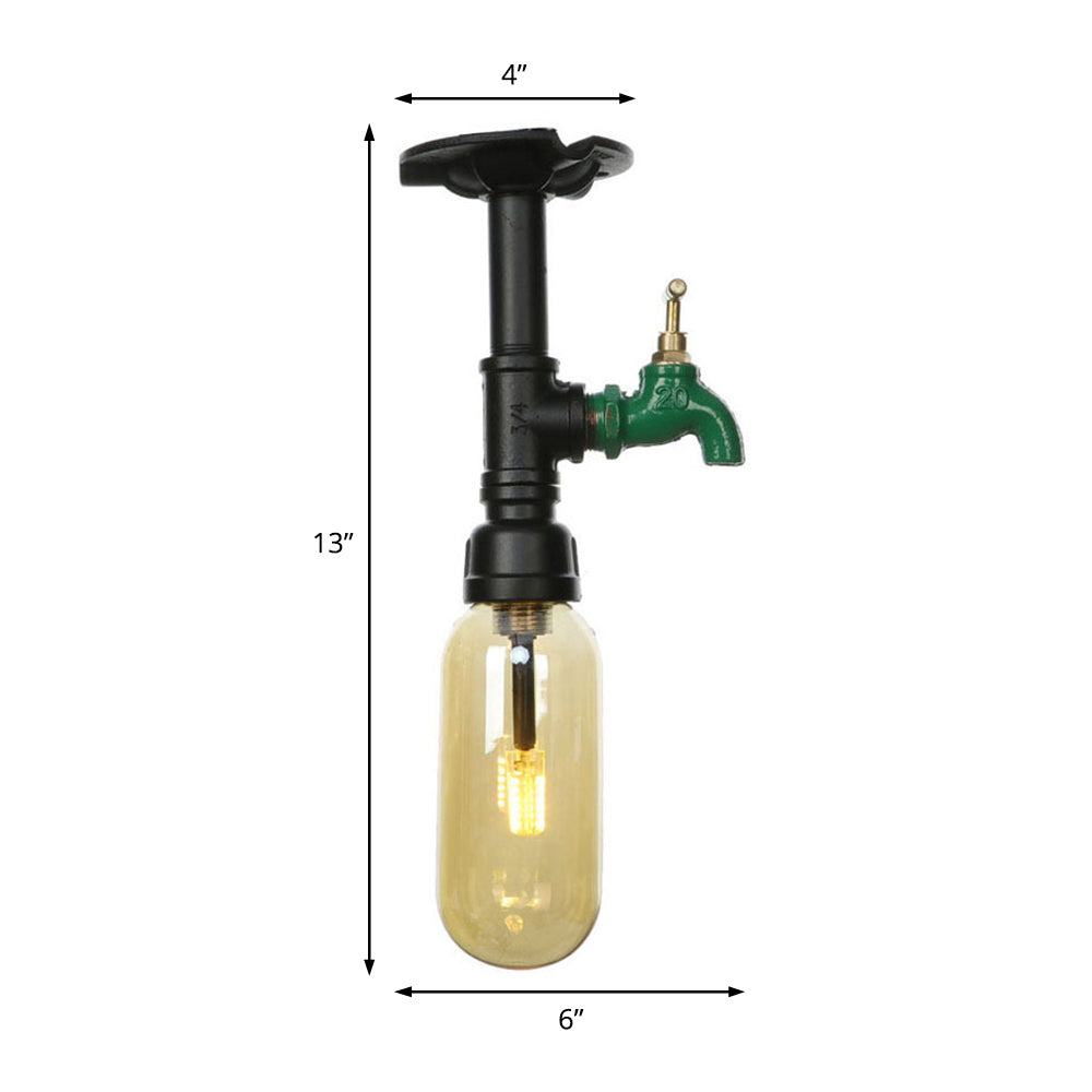 Industrial Black Amber Glass Semi Flush Light with Capsuled Shade & Pipe Design - Ceiling Mount