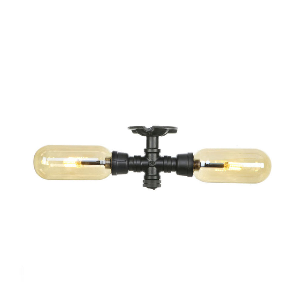 Rustic 2-Bulb Amber Glass Semi Mount Ceiling Light in Matte Black - Dining Room Lighting with Oval Shade and Pipe Design