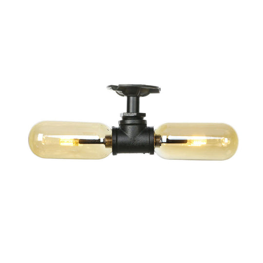 Rustic 2-Bulb Amber Glass Semi Mount Ceiling Light in Matte Black - Dining Room Lighting with Oval Shade and Pipe Design