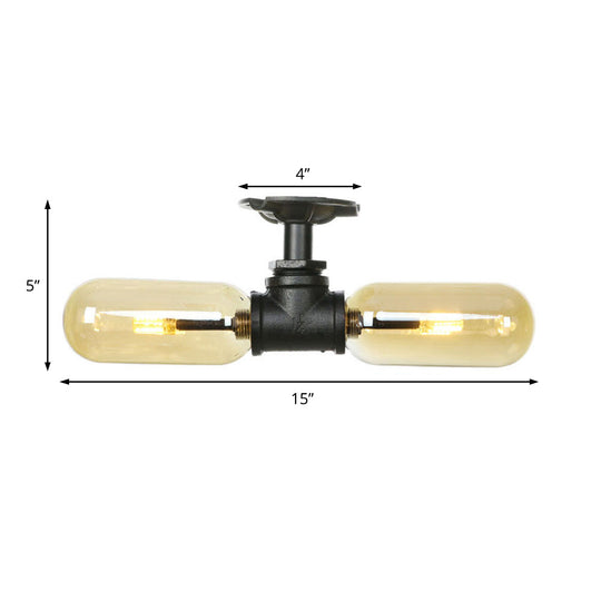 Rustic 2-Bulb Amber Glass Semi Mount Ceiling Light in Matte Black - Dining Room Lighting with Oval Shade and Pipe Design