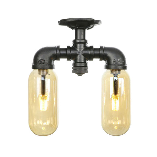 Industrial Capsule Amber Glass Semi Flush Mount Light - Matte Black with Pipe Design