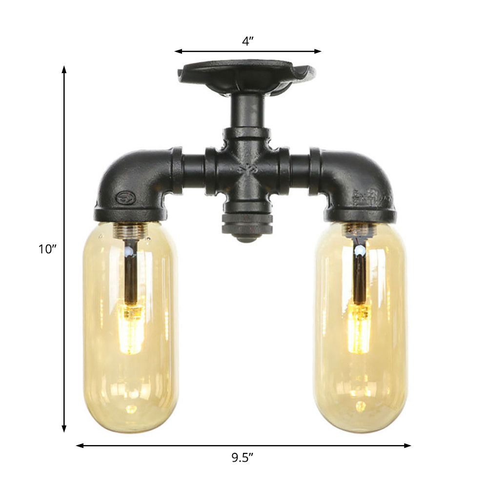 Industrial Capsule Amber Glass Semi Flush Mount Light - Matte Black with Pipe Design