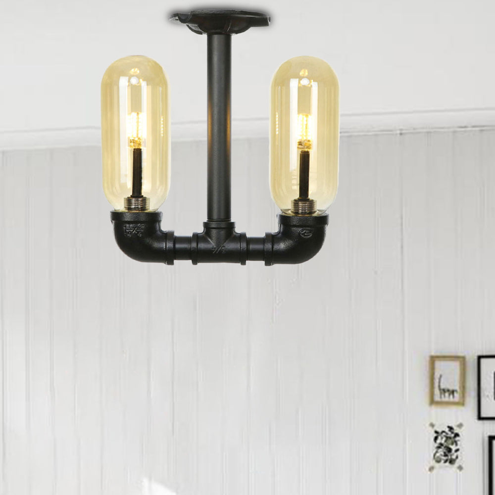 Industrial Capsule Amber Glass Semi Flush Mount Light - Matte Black with Pipe Design