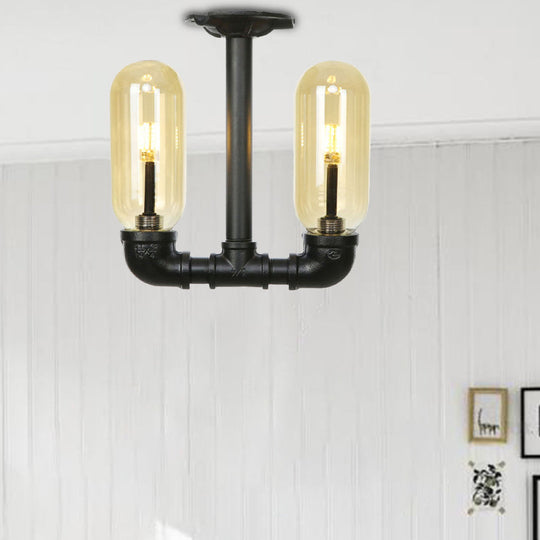 Industrial Capsule Amber Glass Semi Flush Mount Light - Matte Black with Pipe Design