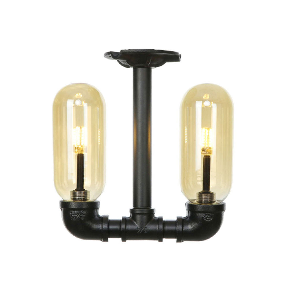 Industrial Capsule Amber Glass Semi Flush Mount Light - Matte Black with Pipe Design