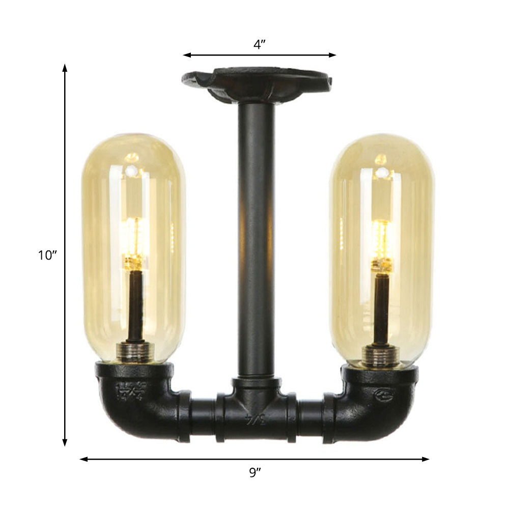 Industrial Capsule Amber Glass Semi Flush Mount Light - Matte Black with Pipe Design