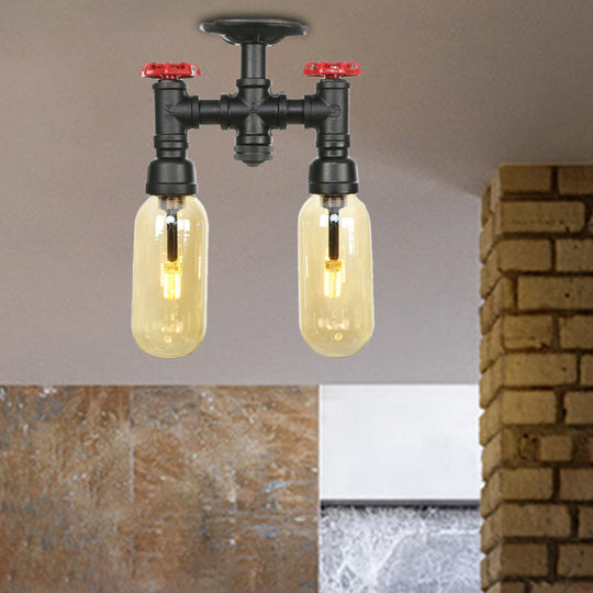 Industrial Capsule Amber Glass Semi Flush Mount Light - Matte Black with Pipe Design