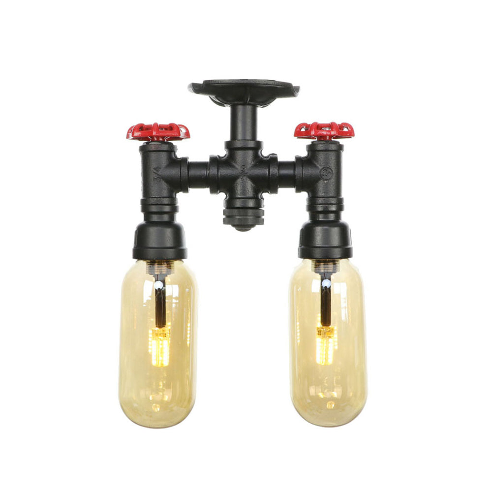 Industrial Capsule Amber Glass Semi Flush Mount Light - Matte Black with Pipe Design