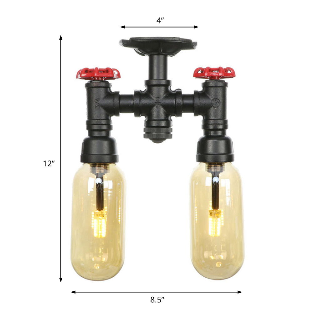 Industrial Capsule Amber Glass Semi Flush Mount Light - Matte Black with Pipe Design