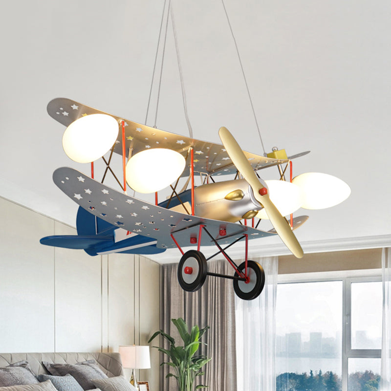 Stylish Blue Metal Chandelier With 4 Plane Hanging Lights For Living Or Nursing Room