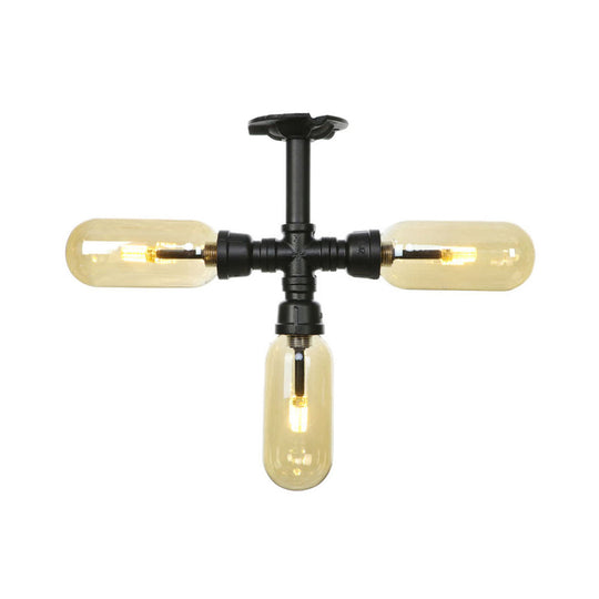 Vintage Amber Glass Ceiling Light with Matte Black Semi Flush Design - 3/4 Light Oval Shade