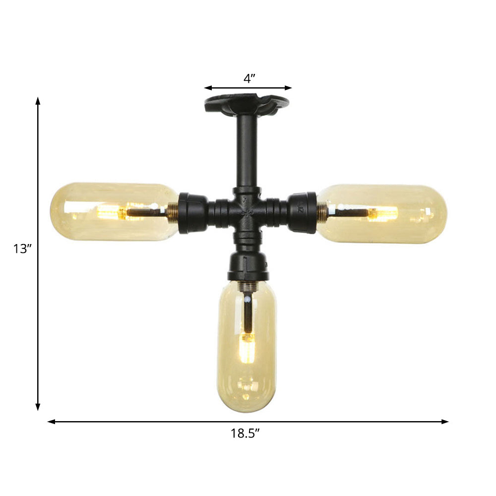 Vintage Amber Glass Ceiling Light with Matte Black Semi Flush Design - 3/4 Light Oval Shade