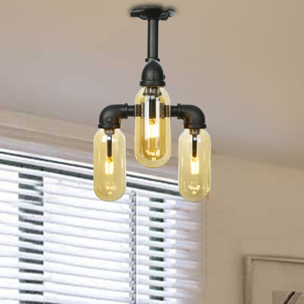 Vintage Amber Glass Ceiling Light with Matte Black Semi Flush Design - 3/4 Light Oval Shade