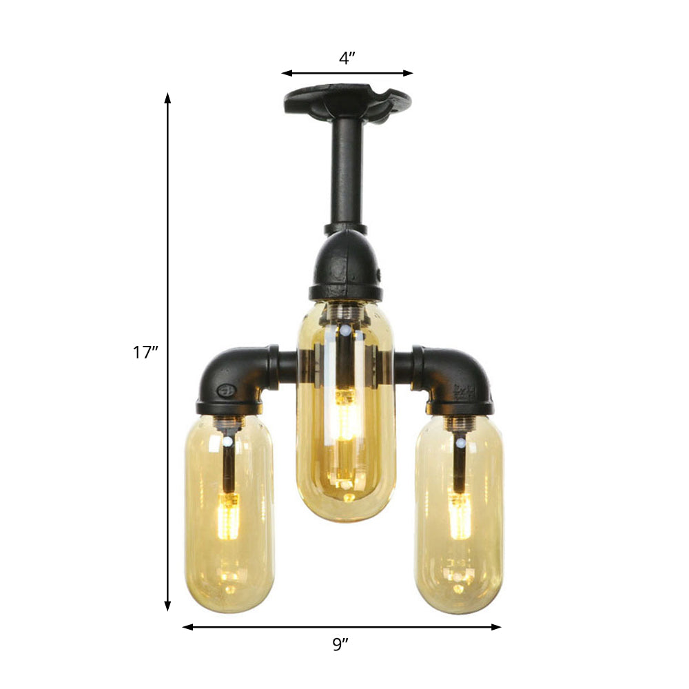 Vintage Amber Glass Ceiling Light with Matte Black Semi Flush Design - 3/4 Light Oval Shade