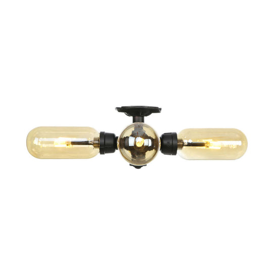 Vintage Amber Glass Ceiling Light with Matte Black Semi Flush Design - 3/4 Light Oval Shade