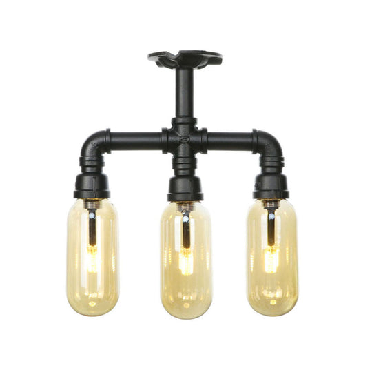 Vintage Amber Glass Ceiling Light with Matte Black Semi Flush Design - 3/4 Light Oval Shade